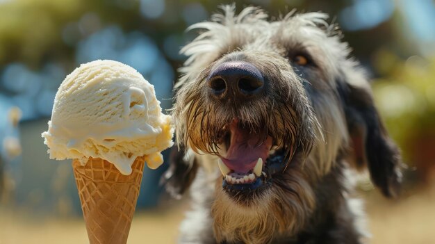 Photo the joyous moment of a irish wolfhound dog savoring a scoop of vanilla ice cream on a sunny day