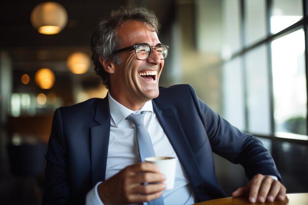 Photo the joyous office break a mature businessman revels in laughter while sipping coffee