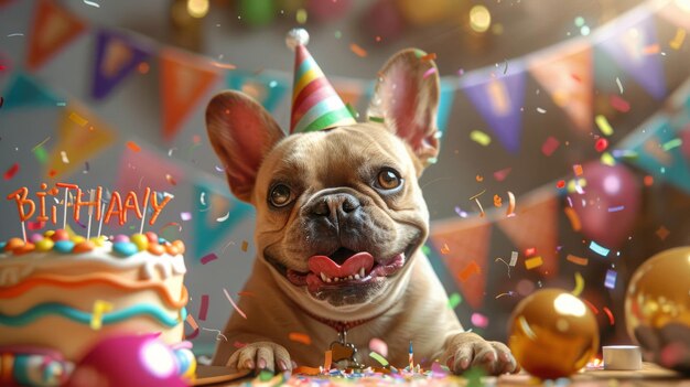 Photo a joyous scene of a french bulldog with a party hat surrounded by confetti