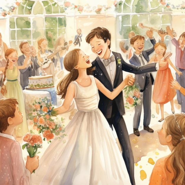 Joyous Watercolor Wedding A Delightful Children's Book Illustration