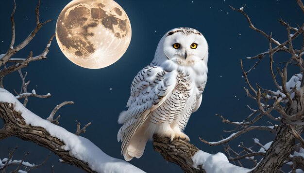 Радостная белая сова, освещенная лунным светом