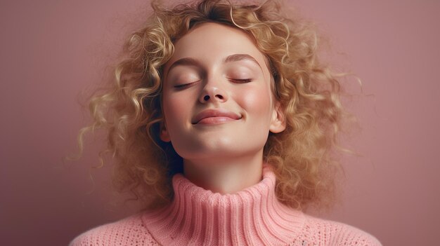 Joyous Woman with Closed Eyes Blonde Curls Radiates Carefree Positivity Blonde Woman Exudes Happi