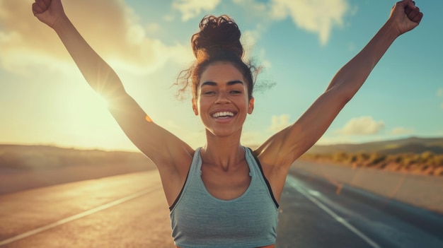 Photo joyous woman with her arms raised in victory is celebrating on a track field with a sunset in the background