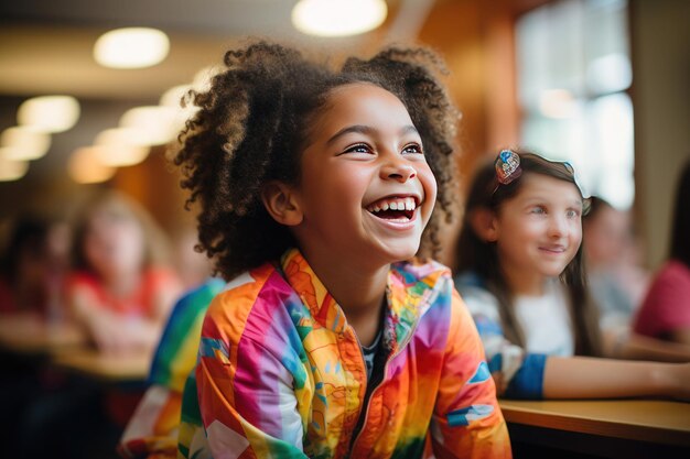 A joyous young girl with fluffy curls and a colorful jacket laughs in a sunlit school cafeteria her happiness infectious