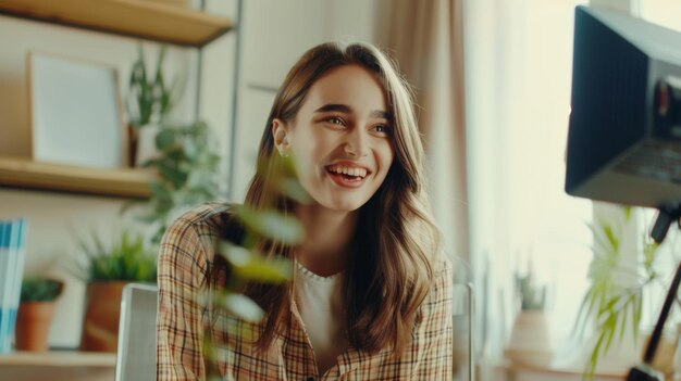 Photo joyous young woman smiling with genuine happiness during a lively video call at her desk