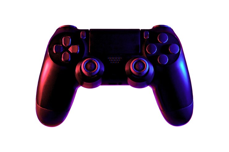 Photo joystick control with colored lights isolated on white background