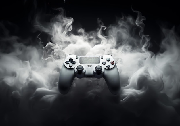 Photo joystick game console in monochrome style dark background with smoke around ai generative