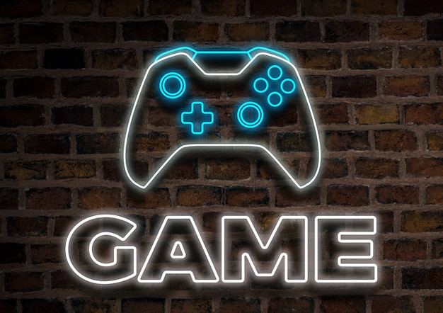 Photo joystick or gamepad, neon sign on a brick wall background. computer games concept, tournament.