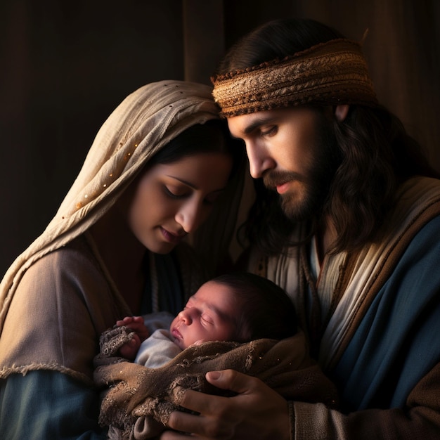 Jozef en Maria met de pasgeboren Jezus in een kribbe