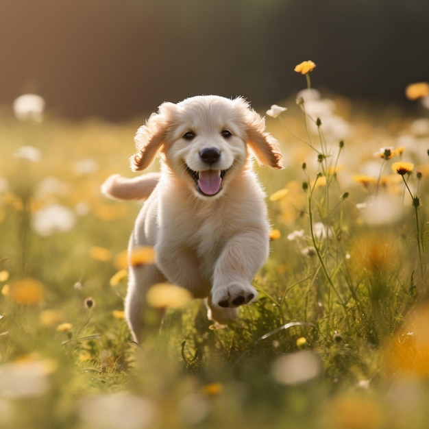 A jubilant pup frolicking in a meadow