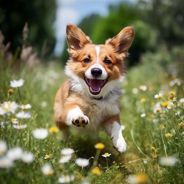 A jubilant pup frolicking in a meadow