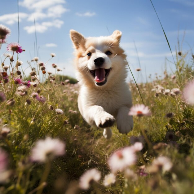 A jubilant pup frolicking in a meadow