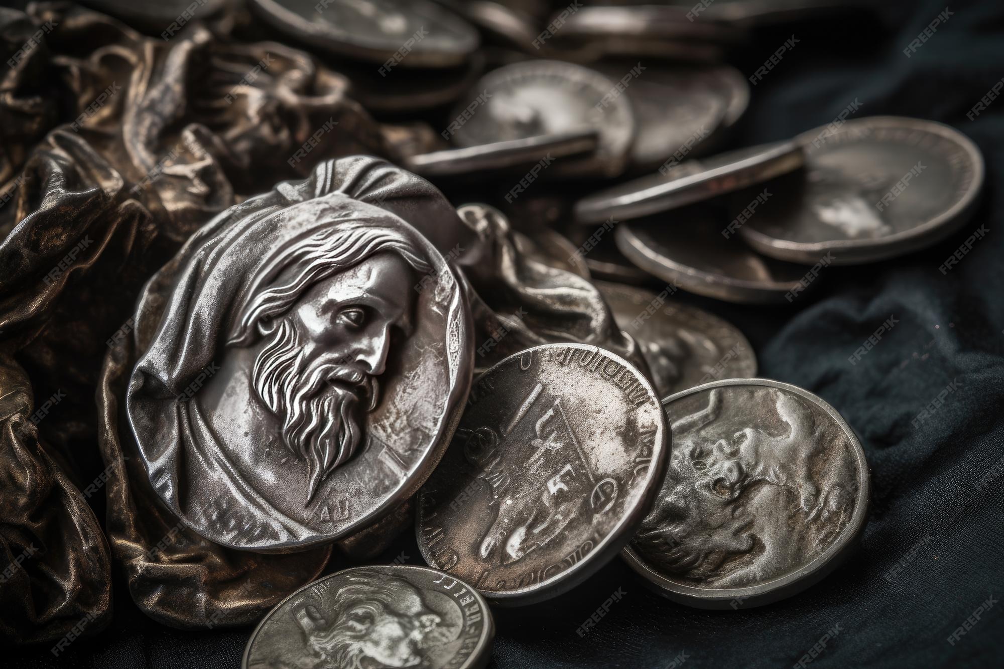 Premium AI Image Judas 30 Pieces Of Silver Sack Thirty Coins Biblical premium-ai-image-judas-30-pieces-of-silver-sack-thirty-coins-biblical