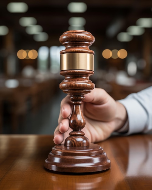 Judge or auctioneer hand with wooden gavel on the table