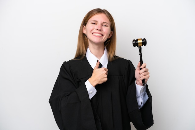 Фото Судья-англичанка на белом фоне показывает большой палец вверх