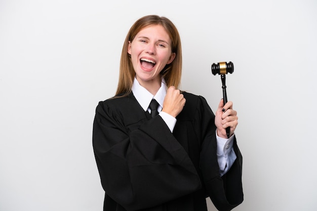 Judge English woman isolated on white background celebrating a victory