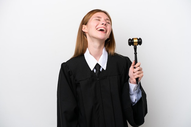 Judge english woman isolated on white background laughing