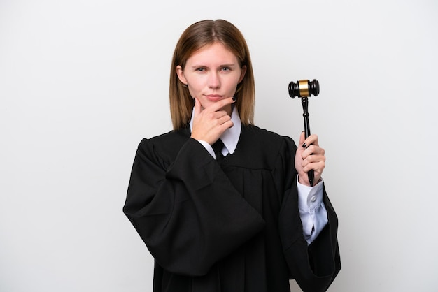 Judge english woman isolated on white background thinking