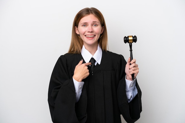 Judge English woman isolated on white background with surprise facial expression