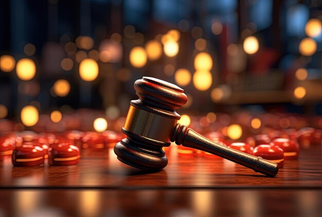 a judge gavel on a hardwood floor against golden bokeh