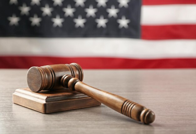 Photo judge gavel and soundboard on usa flag background