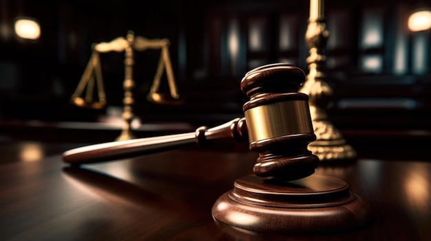 A judge gavel on table top with blur background