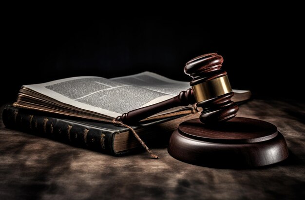 Photo judge gavel on top of a book of paper