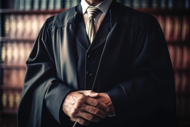 A judge in a judge's robes stands in front of a law book.