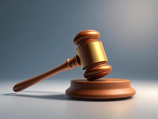 Judge law advocaat en Justice concept met een close-up 3D rendering van een hamer op een houten bureaublad met bruine achtergrond