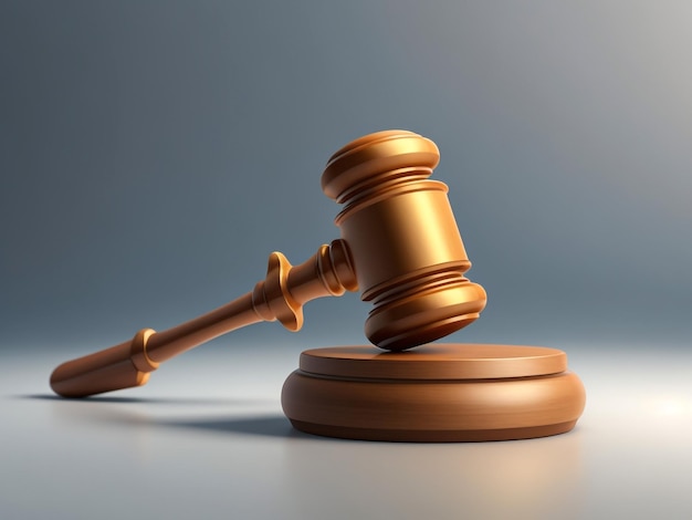 Judge law advocaat en Justice concept met een close-up 3D rendering van een hamer op een houten bureaublad met bruine achtergrond