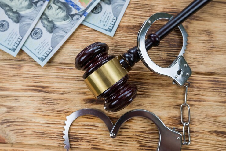 Judge's gavel dollars and handcuffs on a wooden table