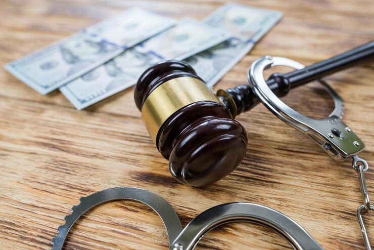 Judge's gavel dollars and handcuffs on a wooden table