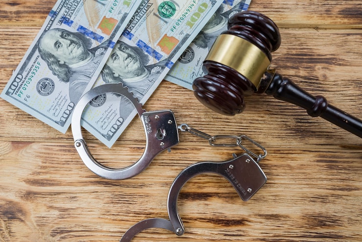 Judge's gavel dollars and handcuffs on a wooden table