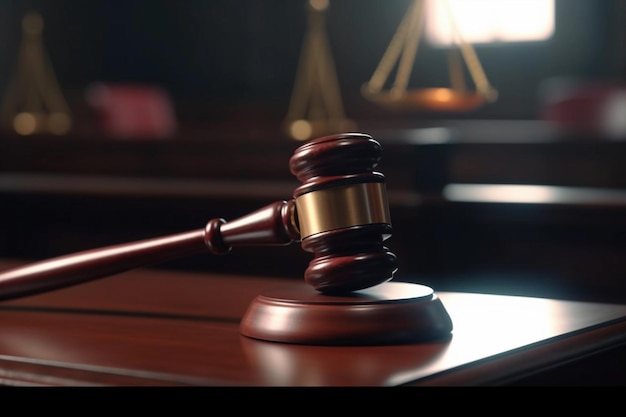 A judge's gavel sits on a desk in a court room.