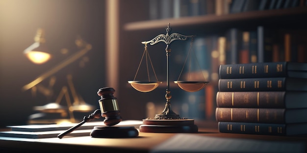 A judge's gavel sits on a desk in a court room.