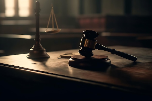 A judge's gavel sits on a desk in a court room.