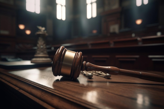 A judge's gavel sits on a desk in a court room.