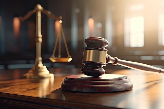 A judge's gavel sits on a table in a court room.