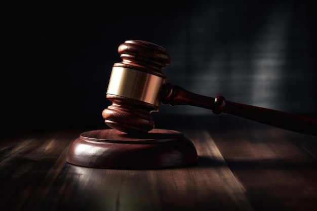 A judge's gavel sits on a wooden table.