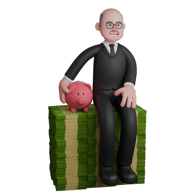 a judge sits on a pile of money with his hand holding a piggy bank for those beside him