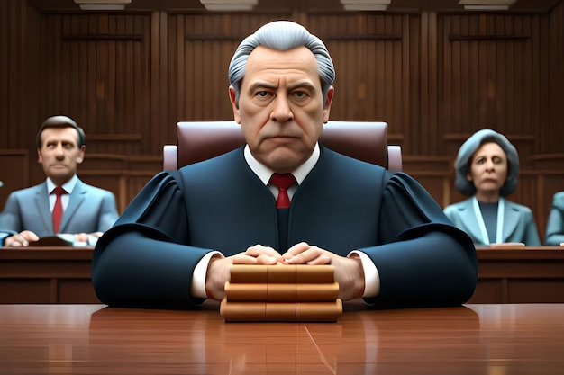 A judge sits at a table in a court room