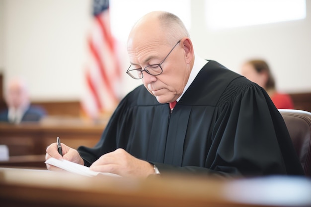 Judge writing notes on legal pad during trial