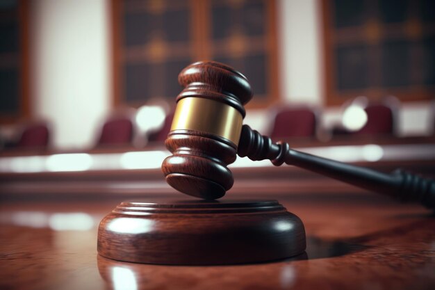 A judge39s gavel in detail with an empty courtroom in the background closeup