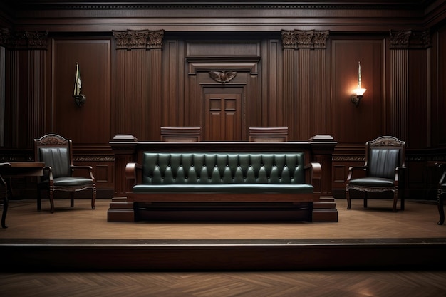 A judges bench in an empty courtroom