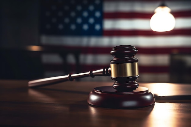 A judges gavel hammer with an american flag usa law and order generative ai