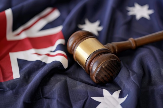 A judges gavel hammer with an australian flag law and order