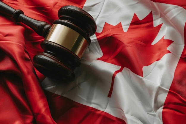 Photo a judges gavel hammer with a canadian flag law and order