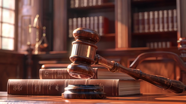 Judges gavel and law books in a dignified courtroom