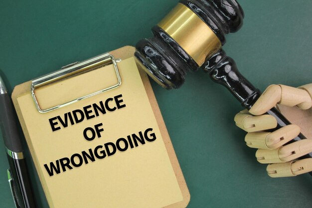 judges gavel pen and paper board with the word evidence of wrongdoing the concept of guilt