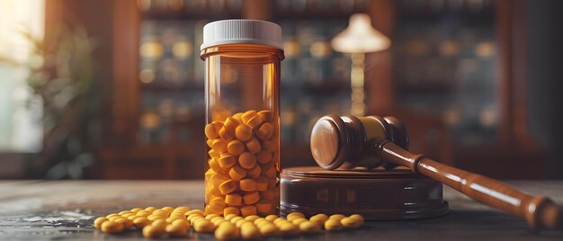 Photo judges gavel next to prescription bottle with oxycodone pills symbolizing a court decision concept legal system prescription medication court ruling symbolism oxycodone